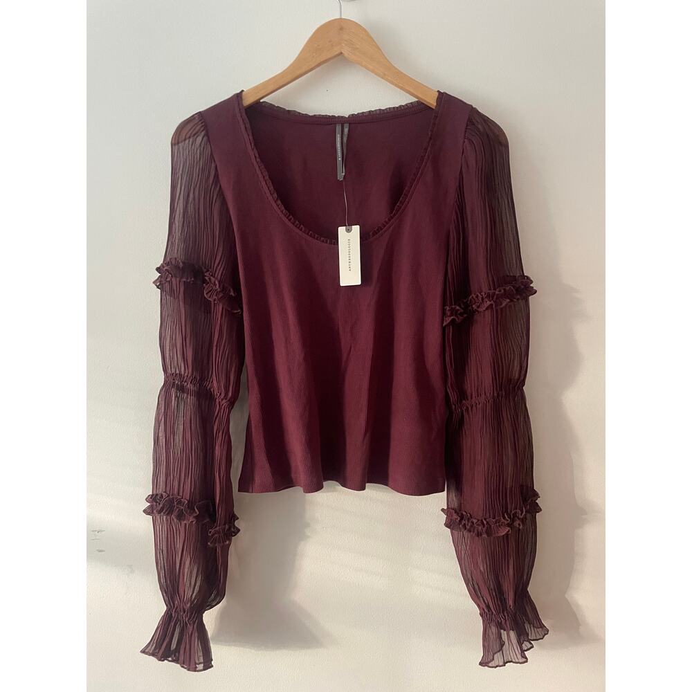 Anthropologie Sheer Victorian Mesh Long Sleeve Ruffle Romantic Goth Wine Blouse
